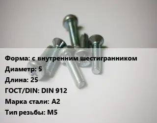 Винт с внутренним шестигранником 5х25 DIN 912 Сталь: А2 М5